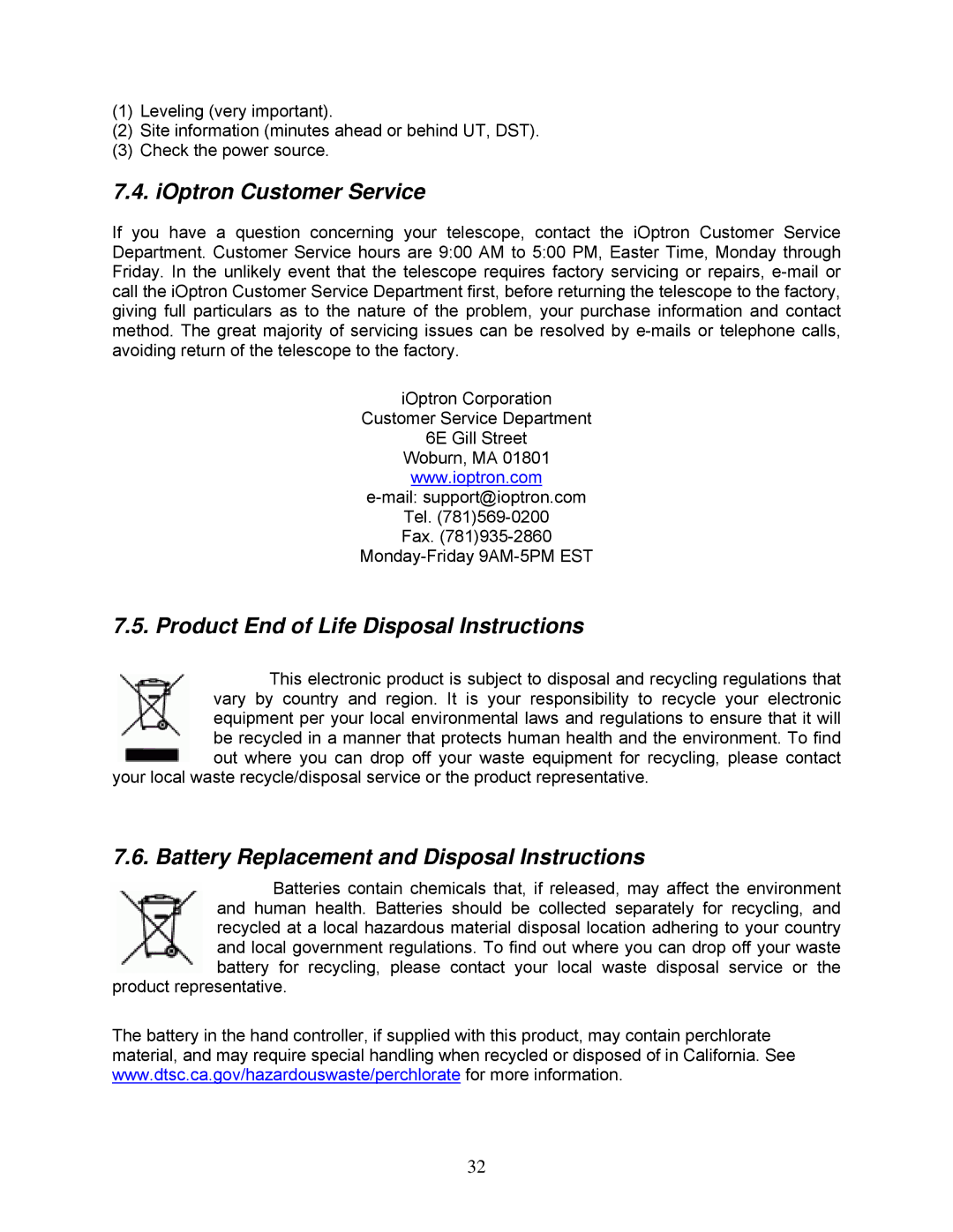 iOptron 8506, 8507 instruction manual IOptron Customer Service, Product End of Life Disposal Instructions 