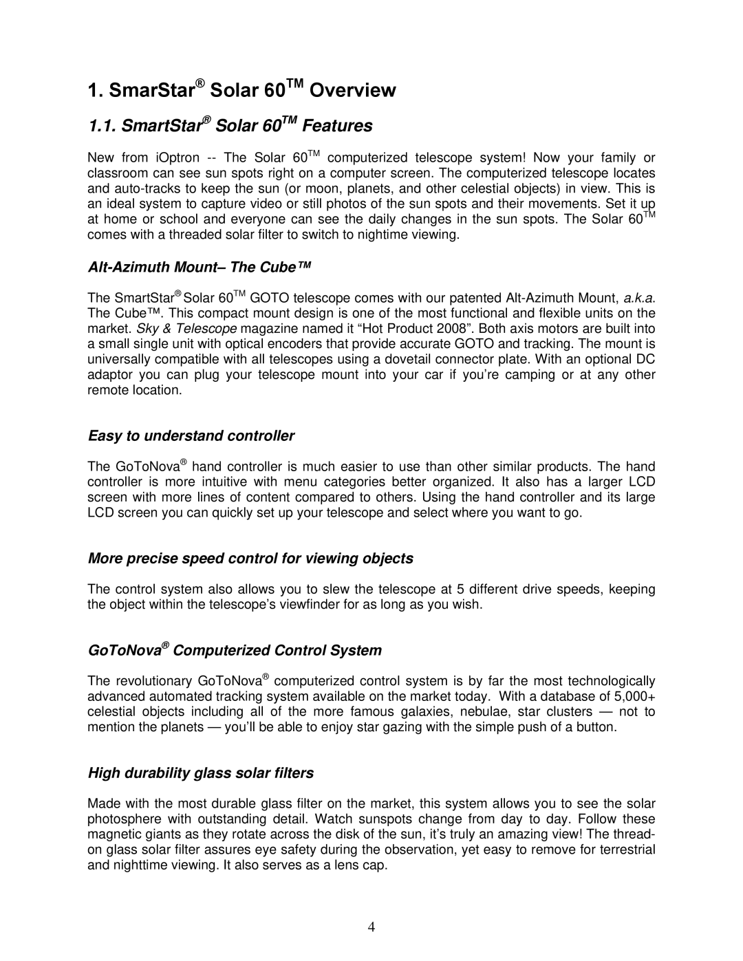 iOptron 8506, 8507 instruction manual SmarStar Solar 60TM Overview, SmartStar Solar 60TM Features 