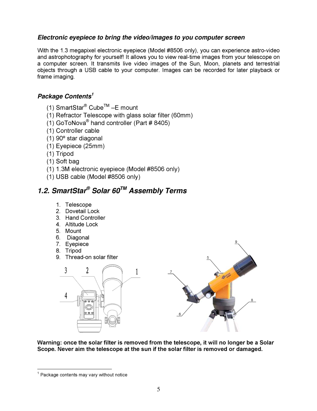 iOptron 8507, 8506 instruction manual SmartStar Solar 60TM Assembly Terms, Package Contents1 