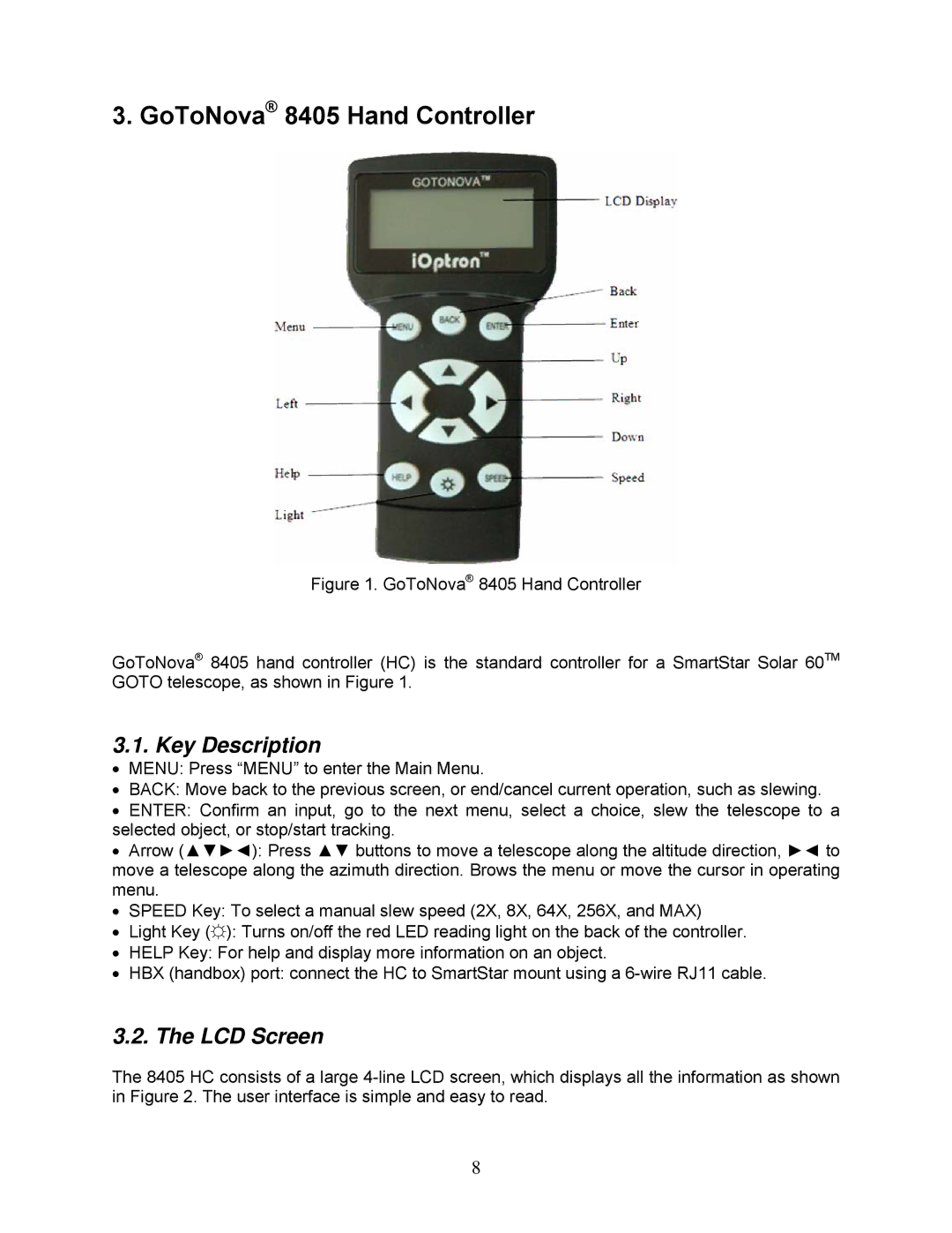 iOptron 8506, 8507 instruction manual GoToNova 8405 Hand Controller, Key Description, LCD Screen 