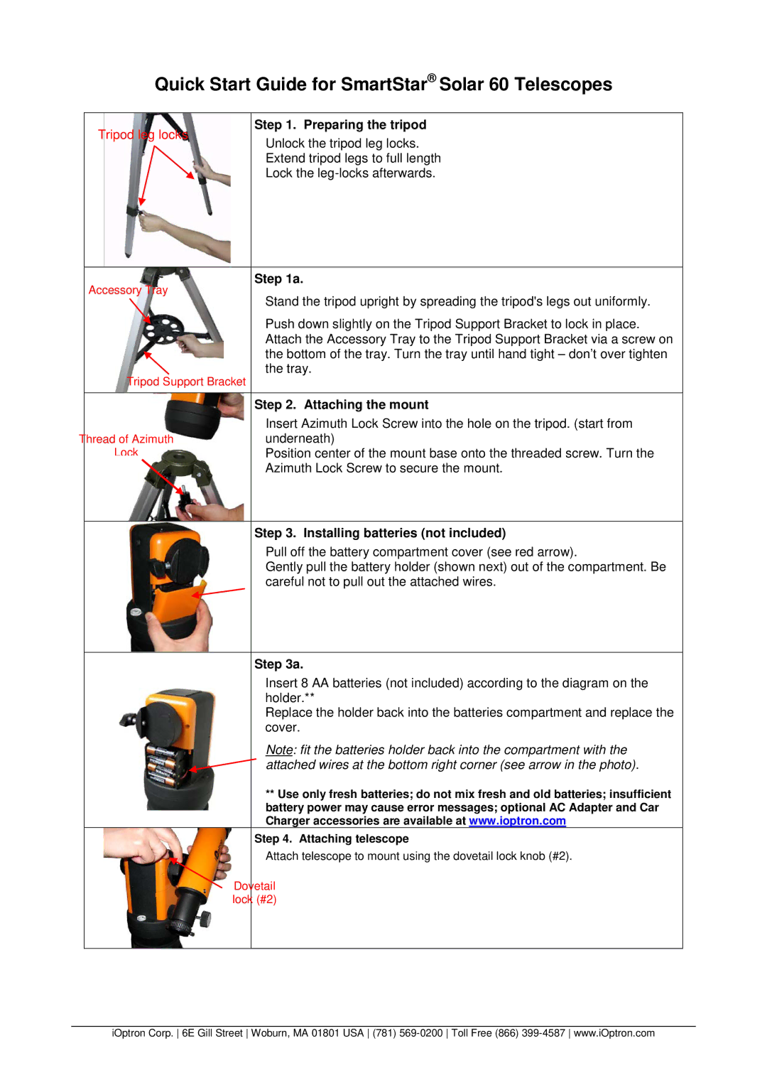 iOptron 8506 quick start Quick Start Guide for SmartStar Solar 60 Telescopes, Preparing the tripod, Attaching the mount 