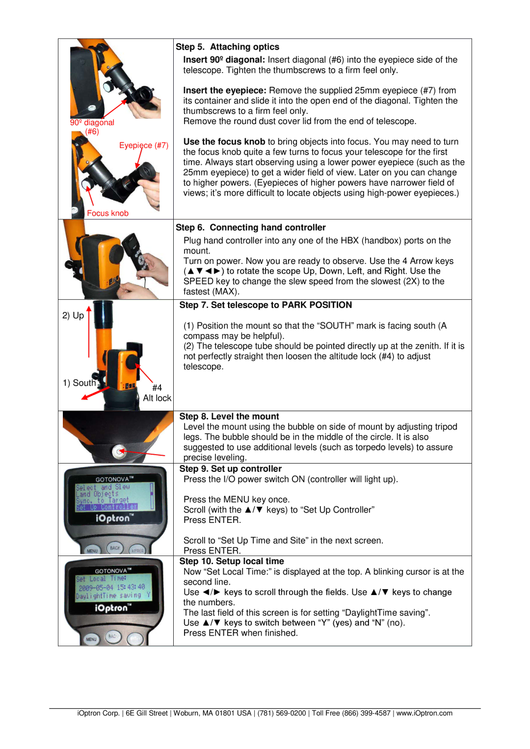 iOptron 8506 quick start Attaching optics, Connecting hand controller, Set telescope to Park Position, Level the mount 