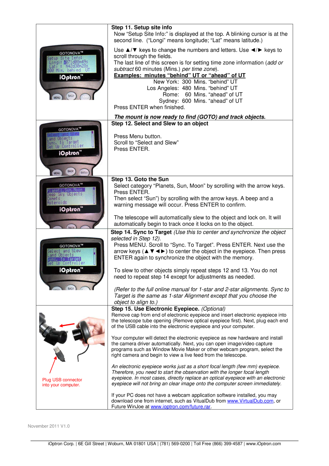 iOptron 8506 Setup site info, Examples minutes behind UT or ahead of UT, Select and Slew to an object, Goto the Sun 