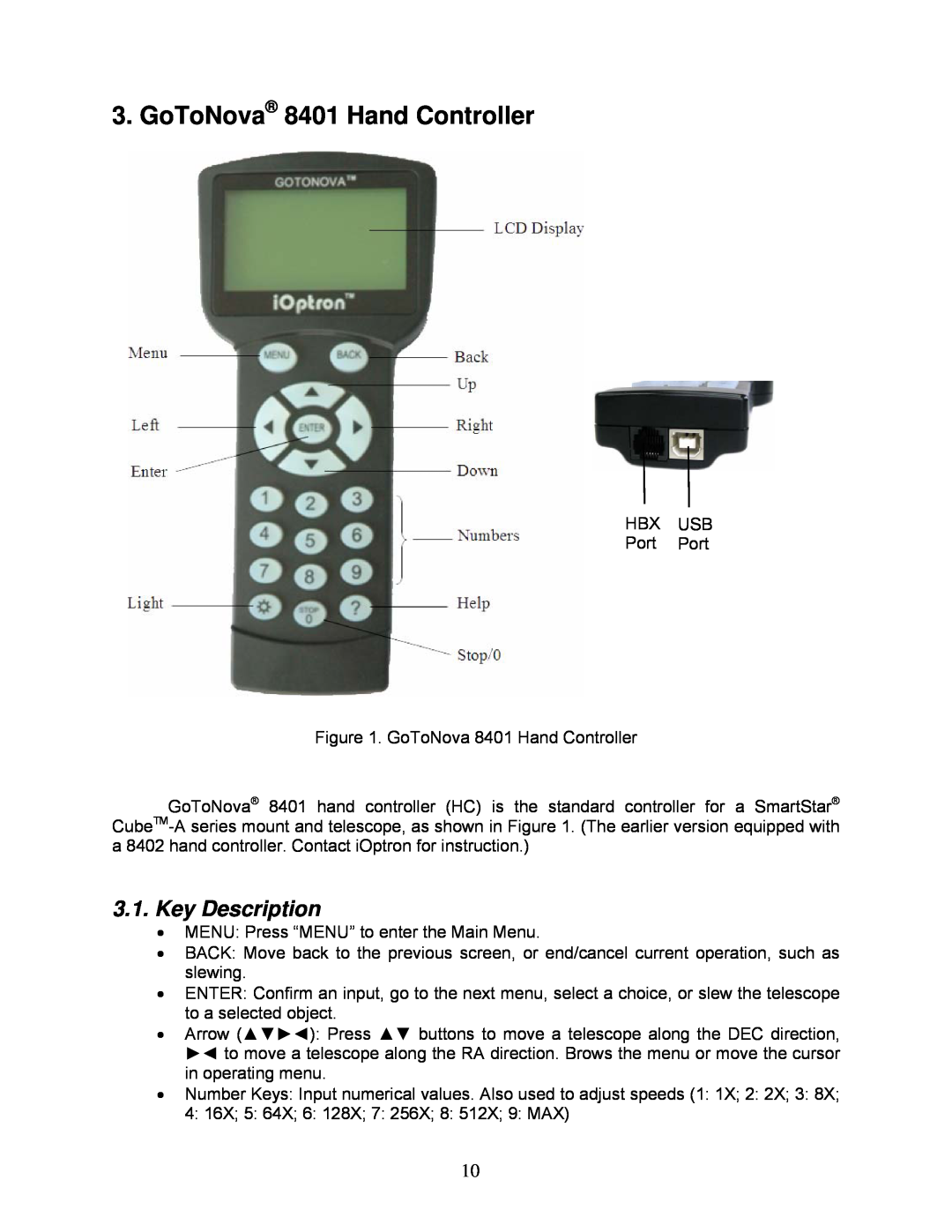 iOptron 8602, 8600, 8603 and 8604 instruction manual GoToNova 8401 Hand Controller, Key Description 