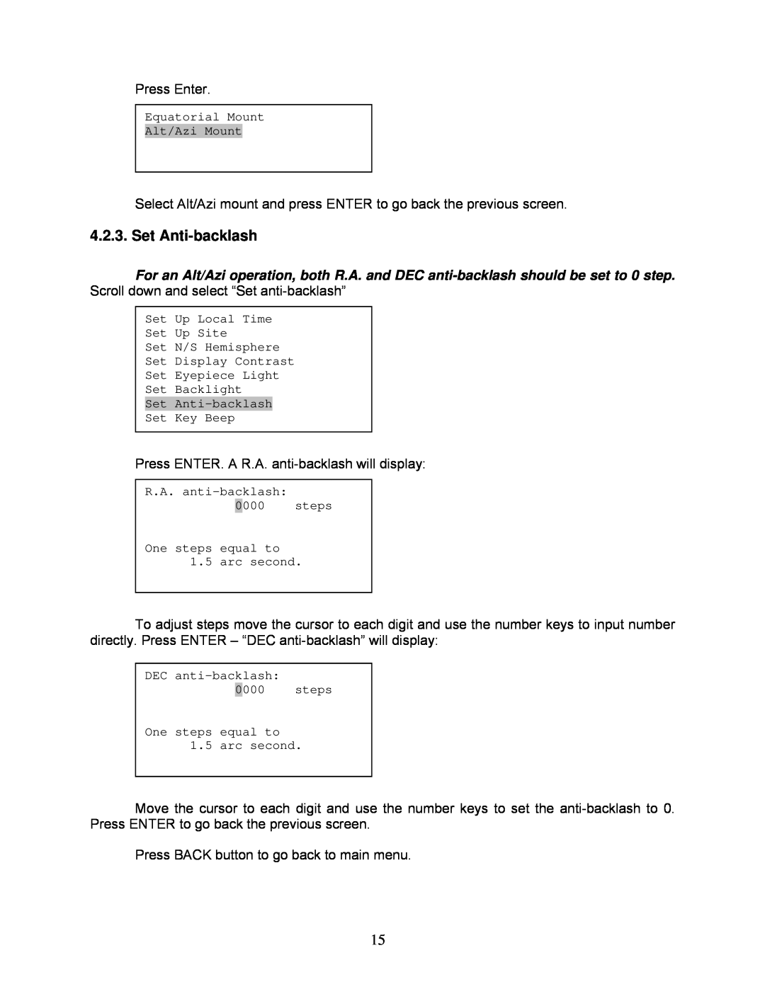 iOptron 8600, 8602, 8603 and 8604 instruction manual Set Anti-backlash 