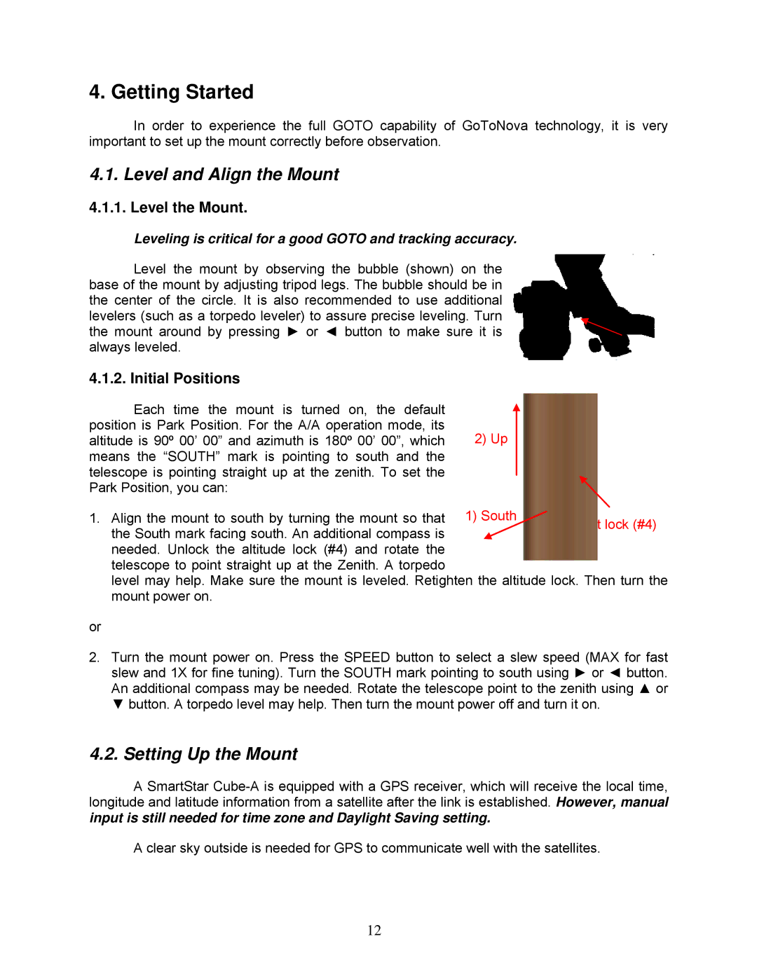 iOptron 8600, 8602 Getting Started, Level and Align the Mount, Setting Up the Mount, Level the Mount, Initial Positions 