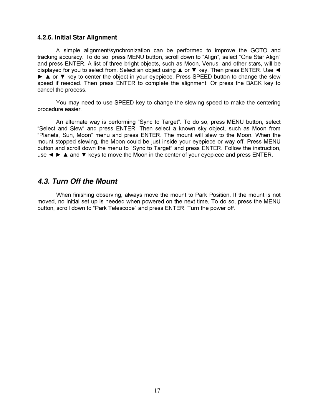 iOptron 8603 and 8604, 8600, 8602 instruction manual Turn Off the Mount, Initial Star Alignment 