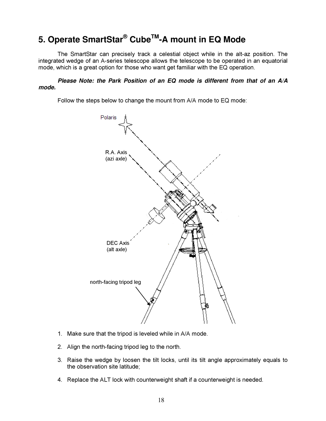 iOptron 8600, 8602, 8603 and 8604 instruction manual Operate SmartStar CubeTM-A mount in EQ Mode 