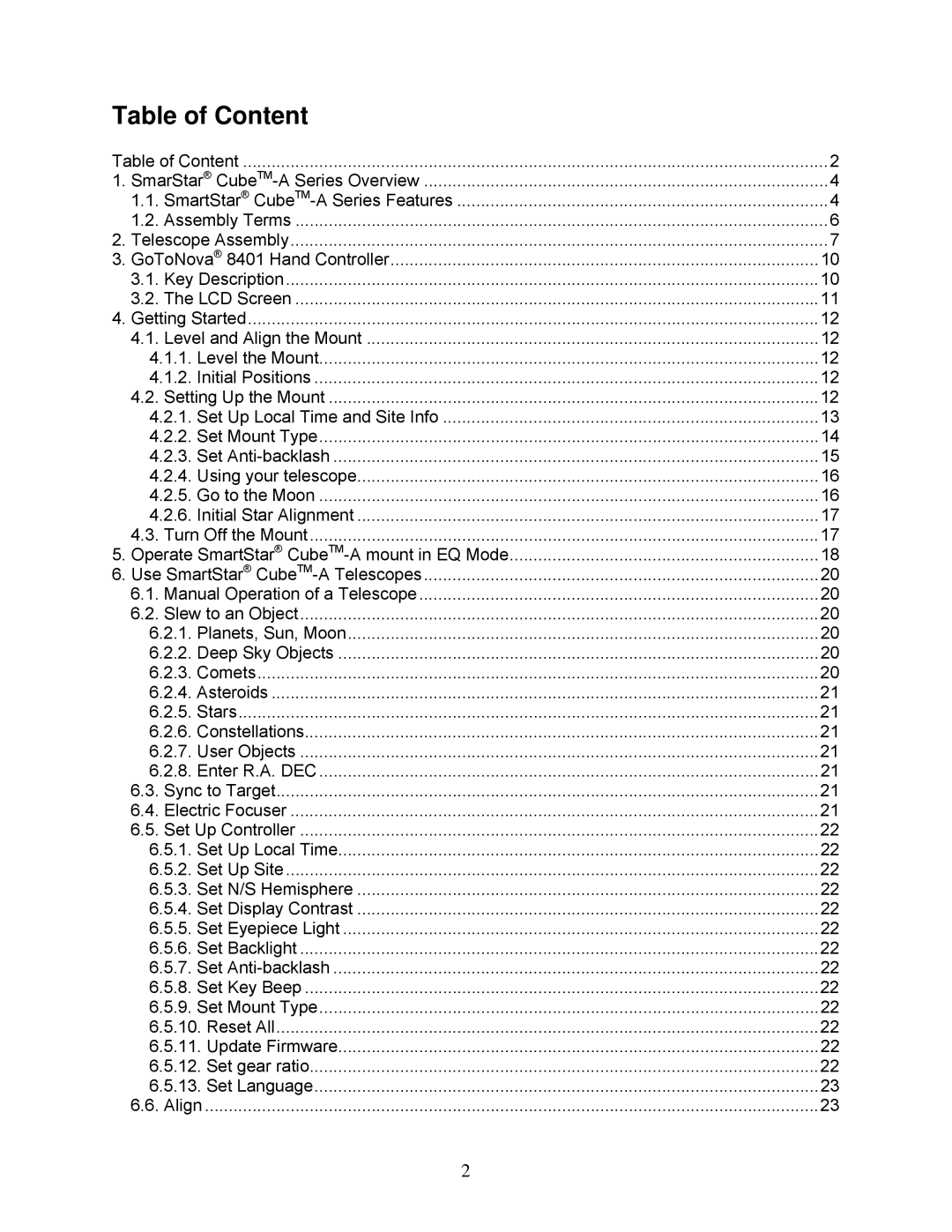 iOptron 8603 and 8604, 8600, 8602 instruction manual Table of Content 