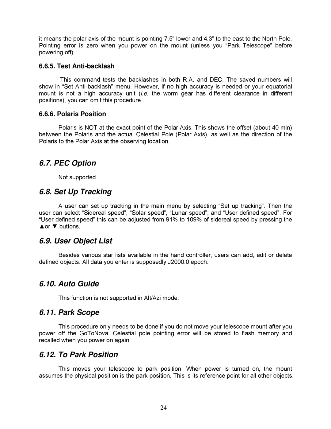 iOptron 8600, 8602, 8603 and 8604 PEC Option, Set Up Tracking, User Object List, Auto Guide, Park Scope, To Park Position 