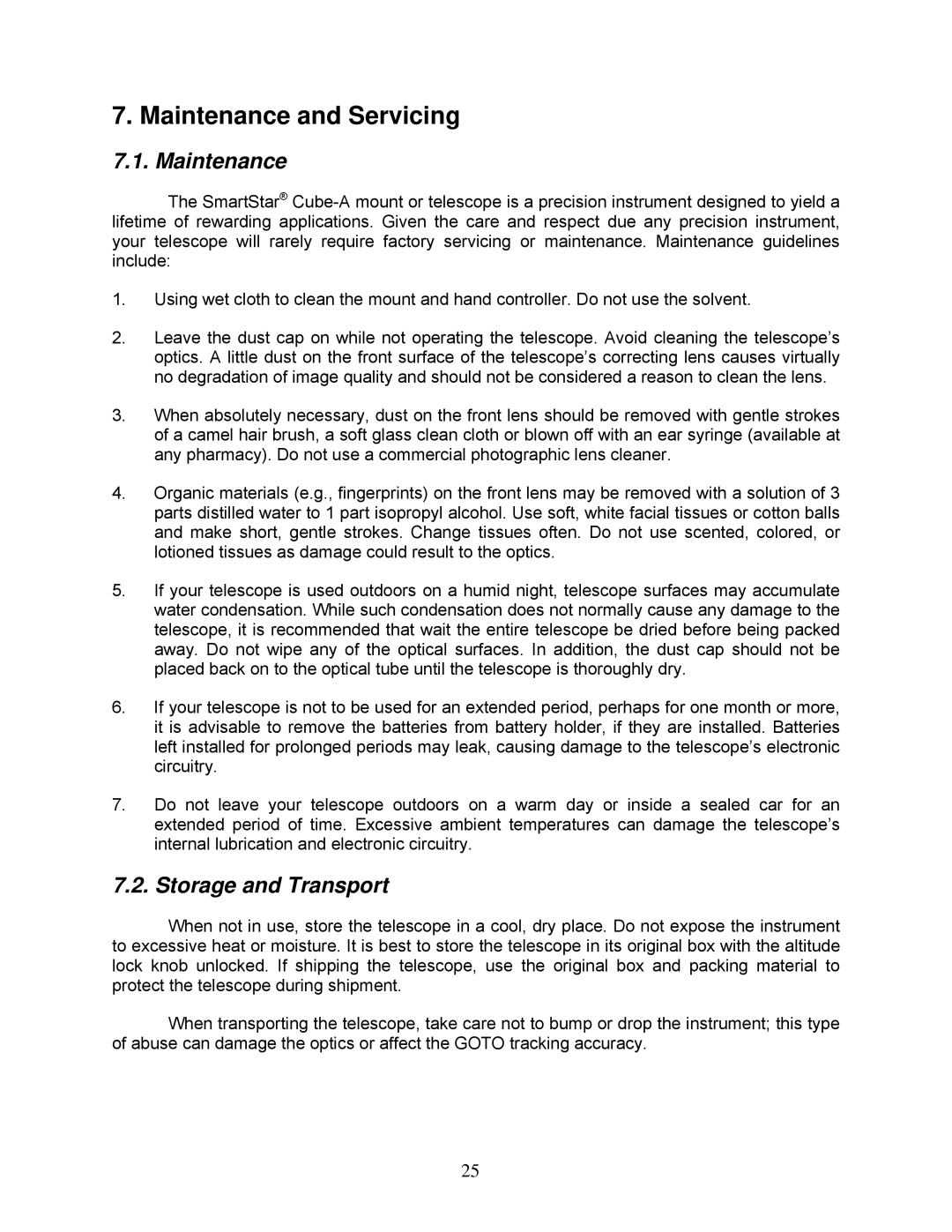 iOptron 8602, 8600, 8603 and 8604 instruction manual Maintenance and Servicing, Storage and Transport 