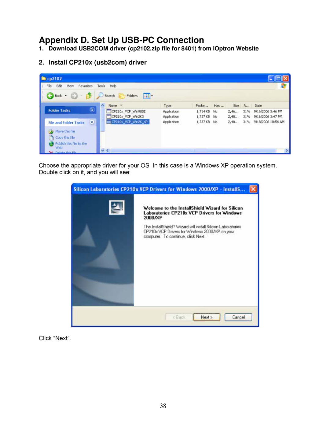 iOptron 8603 and 8604, 8600, 8602 instruction manual Appendix D. Set Up USB-PC Connection, Install CP210x usb2com driver 