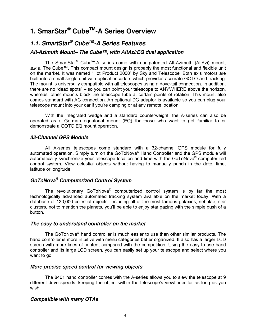 iOptron 8602, 8600, 8603 and 8604 instruction manual SmarStar CubeTM-A Series Overview, SmartStar CubeTM-A Series Features 