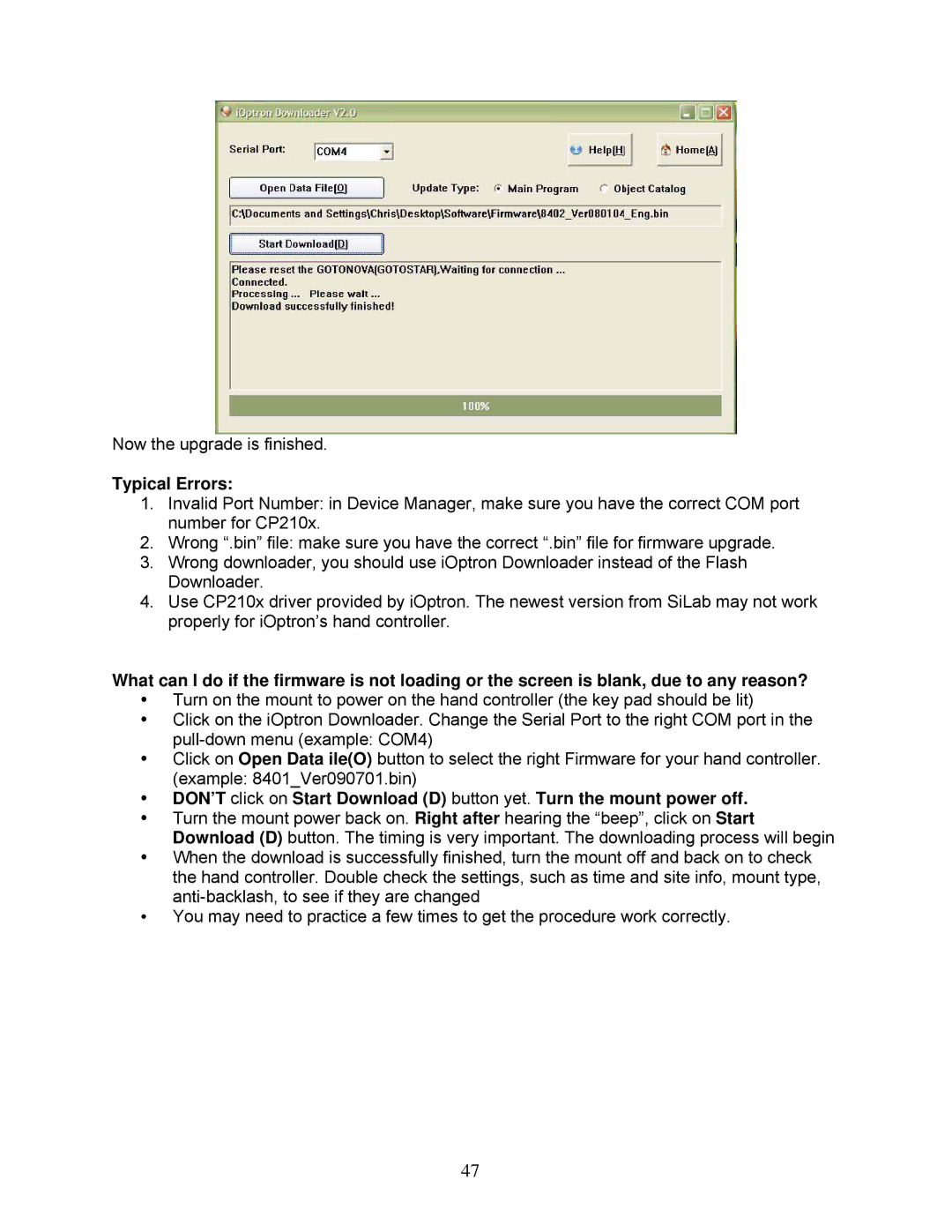 iOptron 8603 and 8604, 8600, 8602 instruction manual Typical Errors 