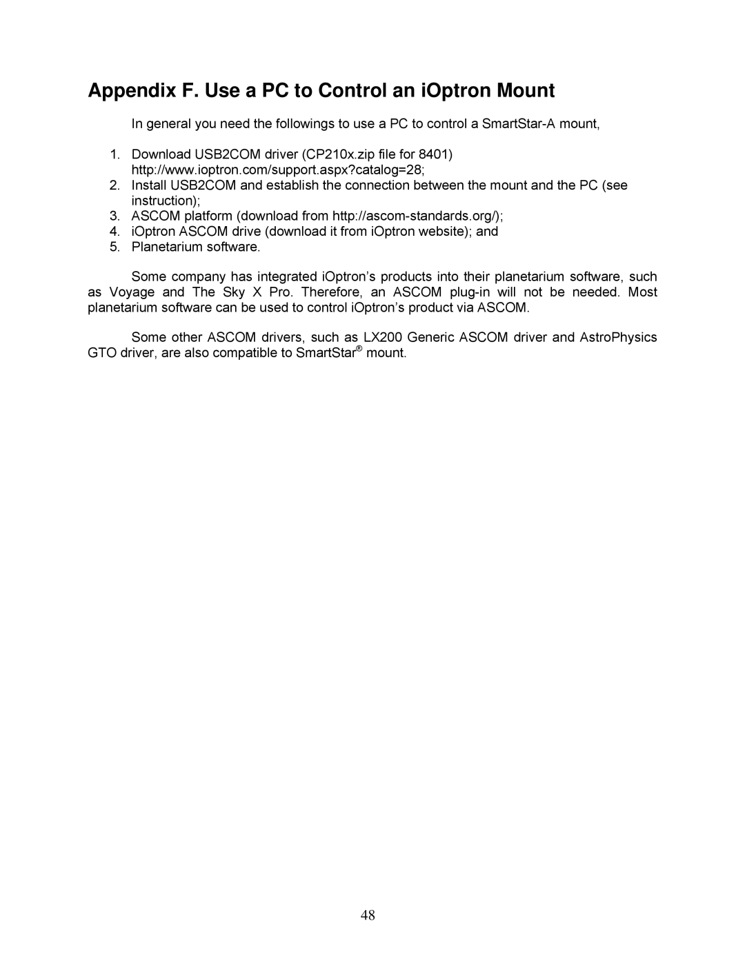 iOptron 8600, 8602, 8603 and 8604 instruction manual Appendix F. Use a PC to Control an iOptron Mount 