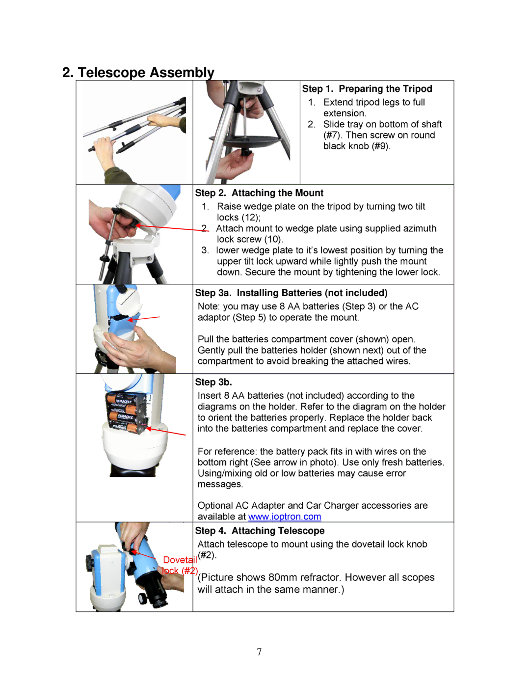 iOptron 8602, 8600, 8603 and 8604 instruction manual Telescope Assembly, Preparing the Tripod 