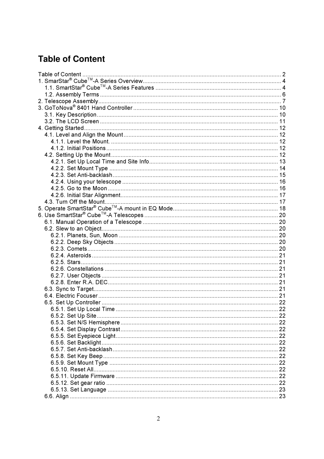 iOptron 8604, 8600, 8603, 8602 instruction manual Table of Content 