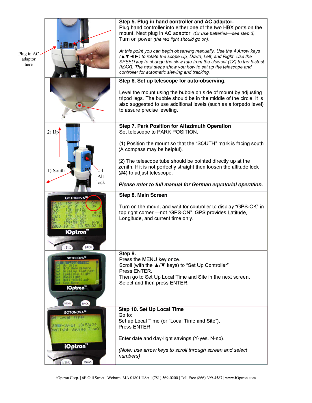 iOptron 8604, 8600, 8603 Plug in hand controller and AC adaptor, Set up telescope for auto-observing, Main Screen, Step 