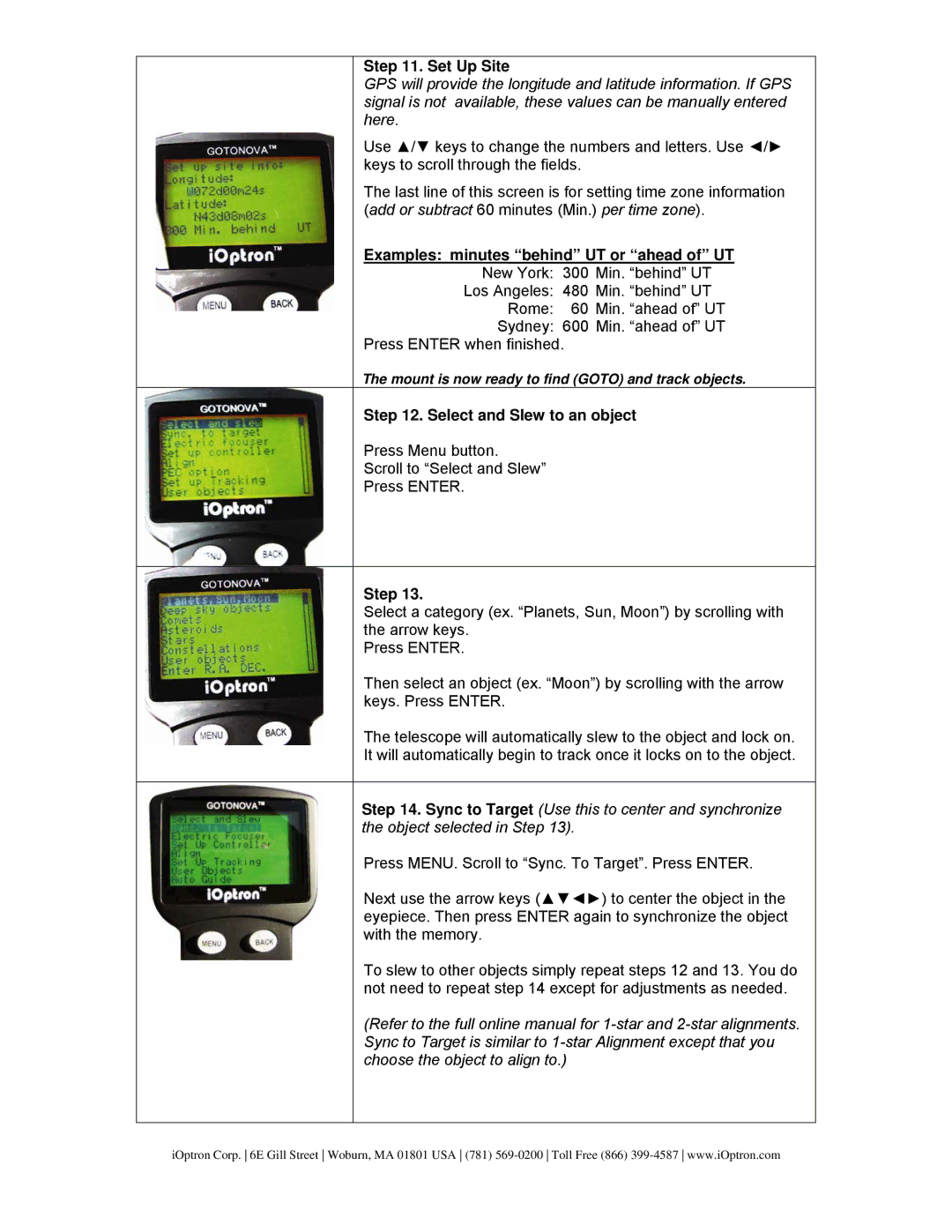 iOptron 8602, 8600, 8603, 8604 Set Up Site, Examples minutes behind UT or ahead of UT, Select and Slew to an object 