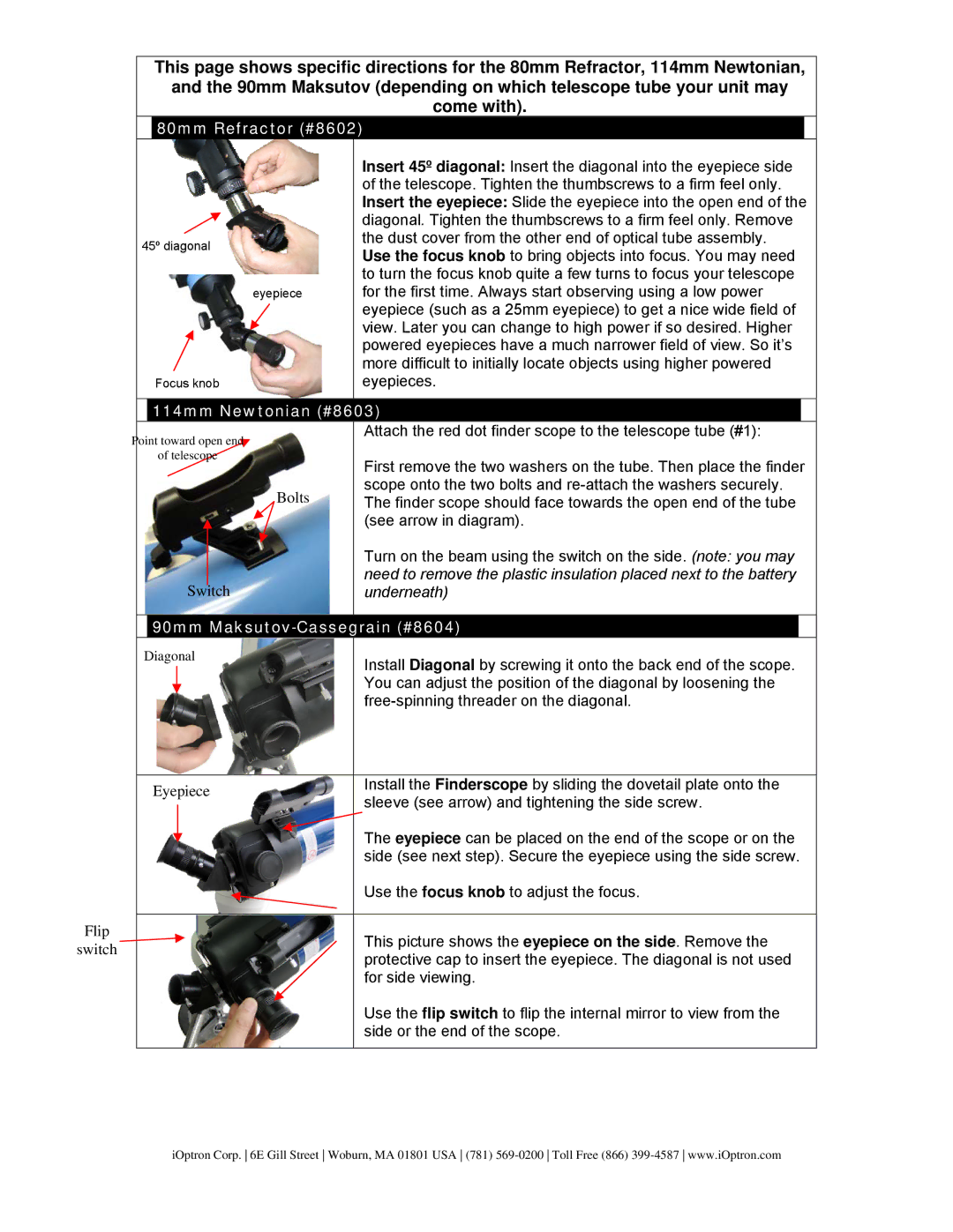 iOptron 8600, 8603, 8604 quick start 80mm Refractor #8602……, ……………………………… 