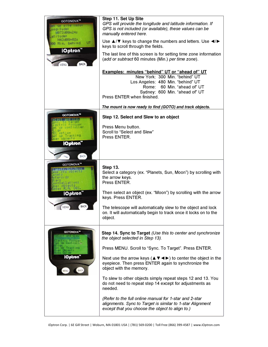 iOptron 8802, 8804, 8800, 8803 Set Up Site, Examples minutes behind UT or ahead of UT, Select and Slew to an object 