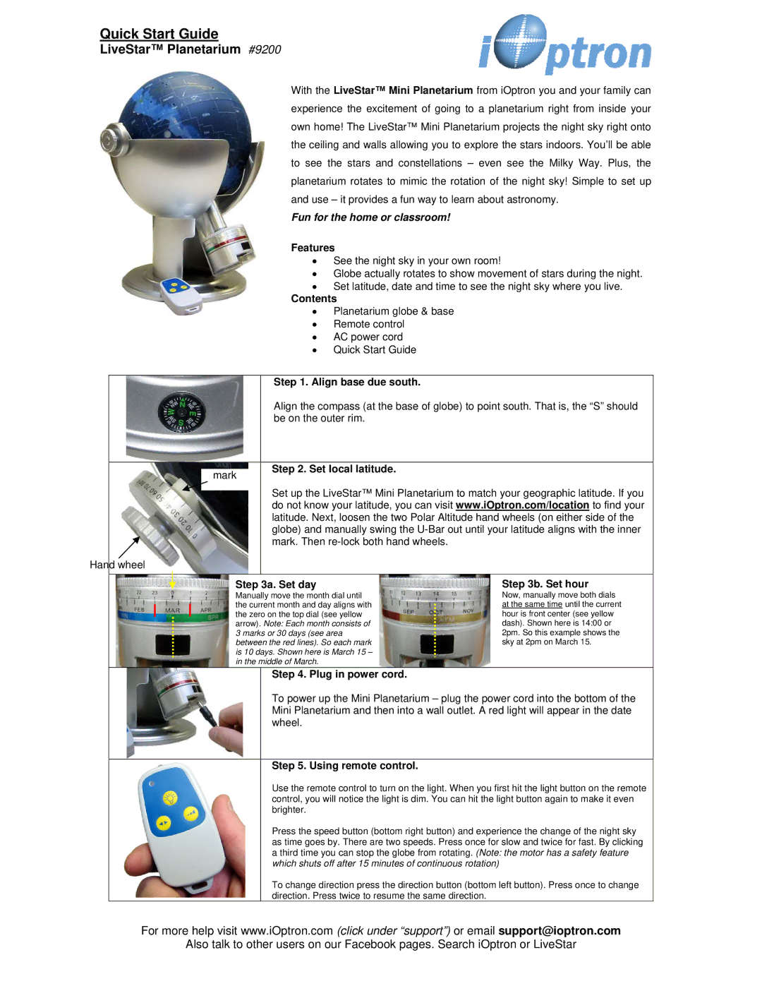 iOptron 9200 quick start Features, Contents, Align base due south, Set local latitude, Set day, Set hour 