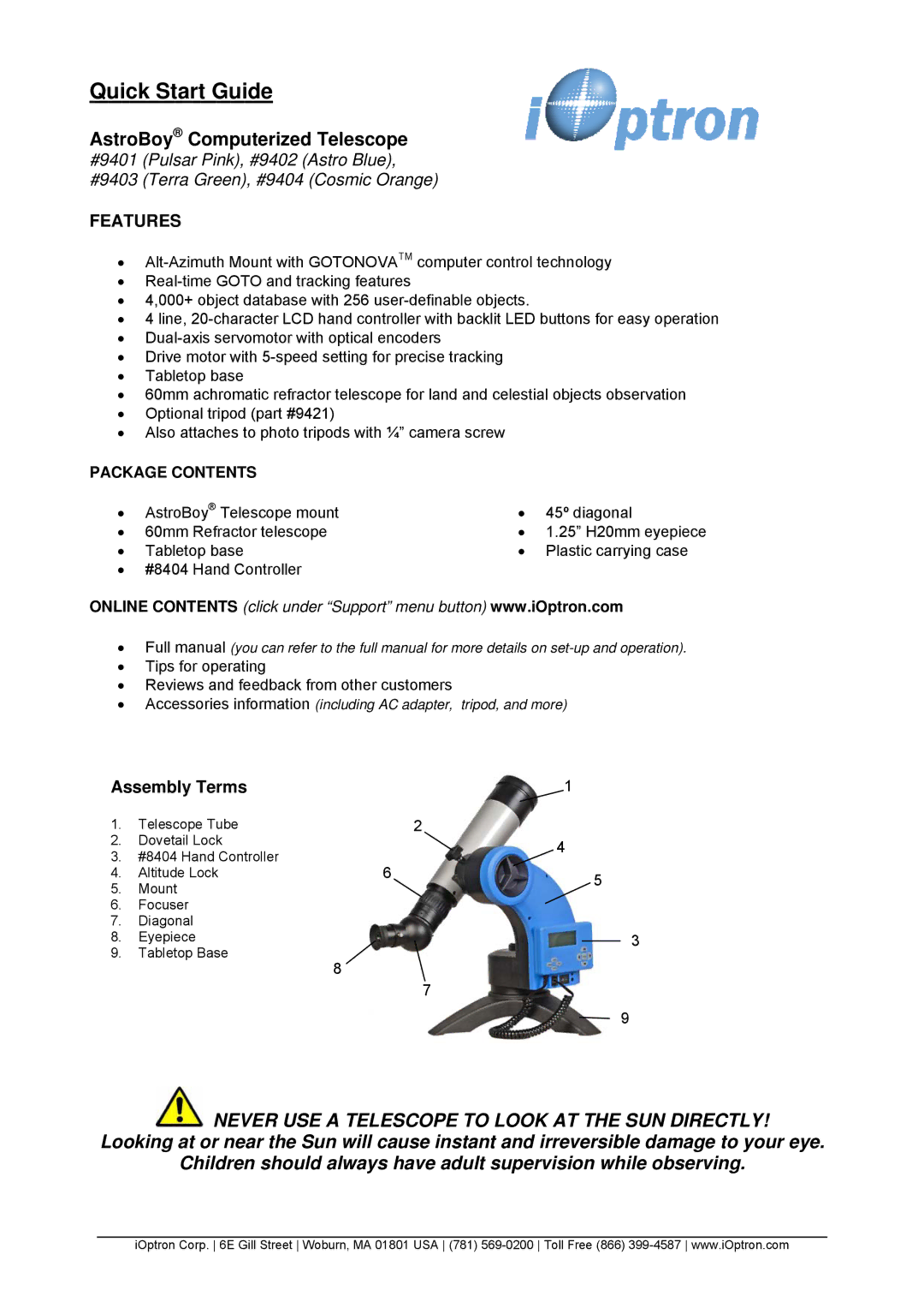 iOptron #9404, #9401, #9403, #9402 quick start Quick Start Guide, AstroBoy Computerized Telescope 