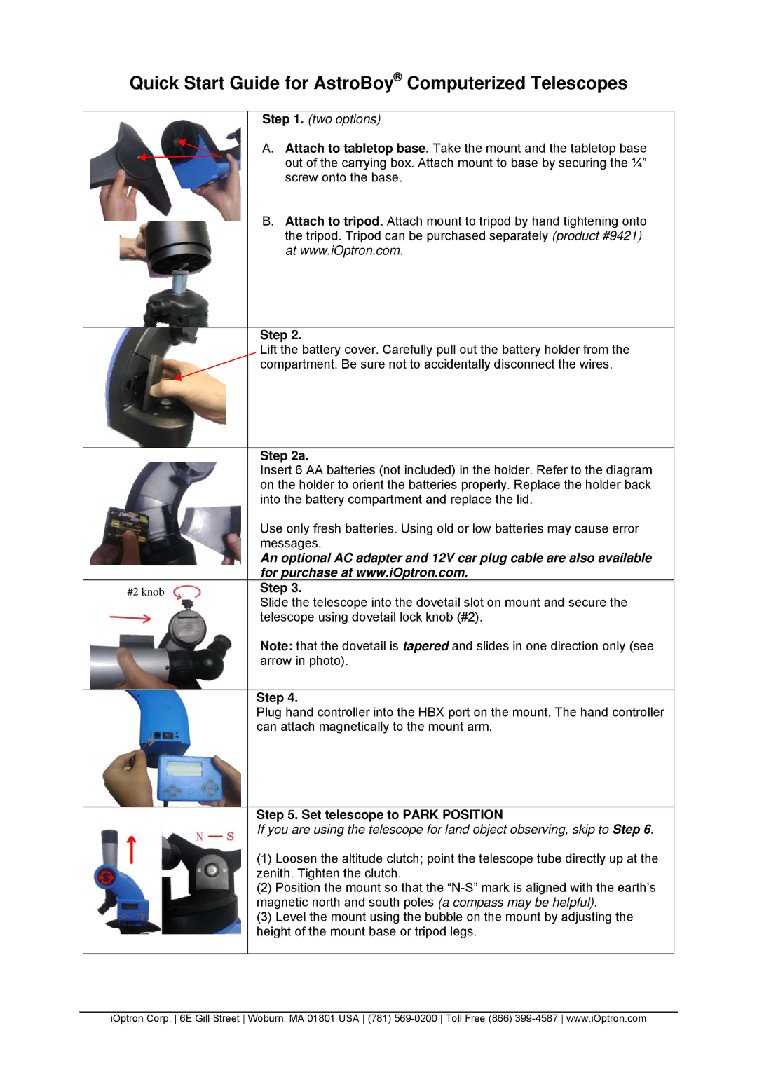 iOptron #9403, #9401, #9404 Quick Start Guide for AstroBoy Computerized Telescopes, Step, Set telescope to Park Position 