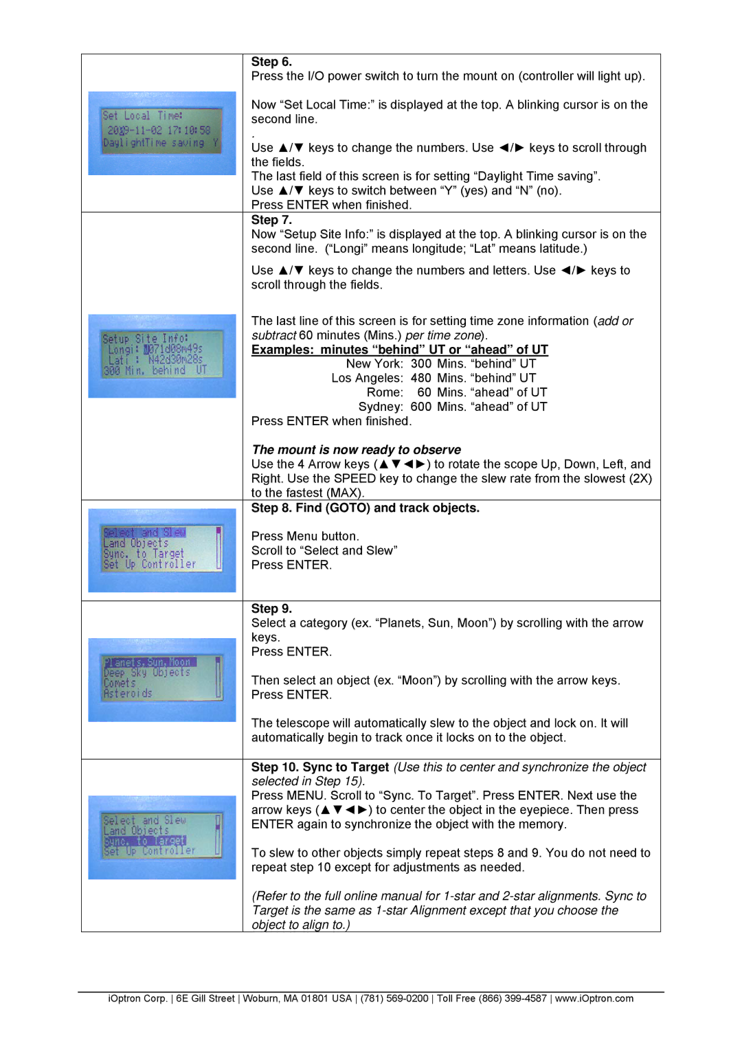 iOptron #9402, #9401, #9404, #9403 quick start Examples minutes behind UT or ahead of UT, Find Goto and track objects 