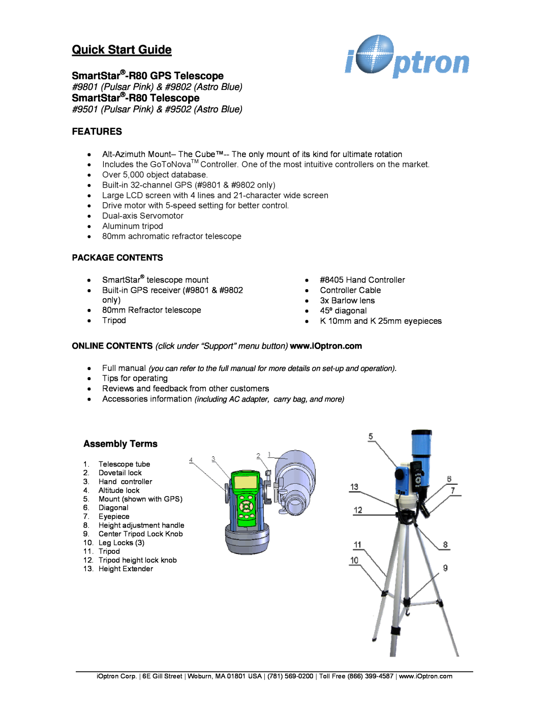 iOptron 9502, 9501 quick start SmartStar-R80 GPS Telescope, SmartStar-R80 Telescope, Package Contents, Quick Start Guide 