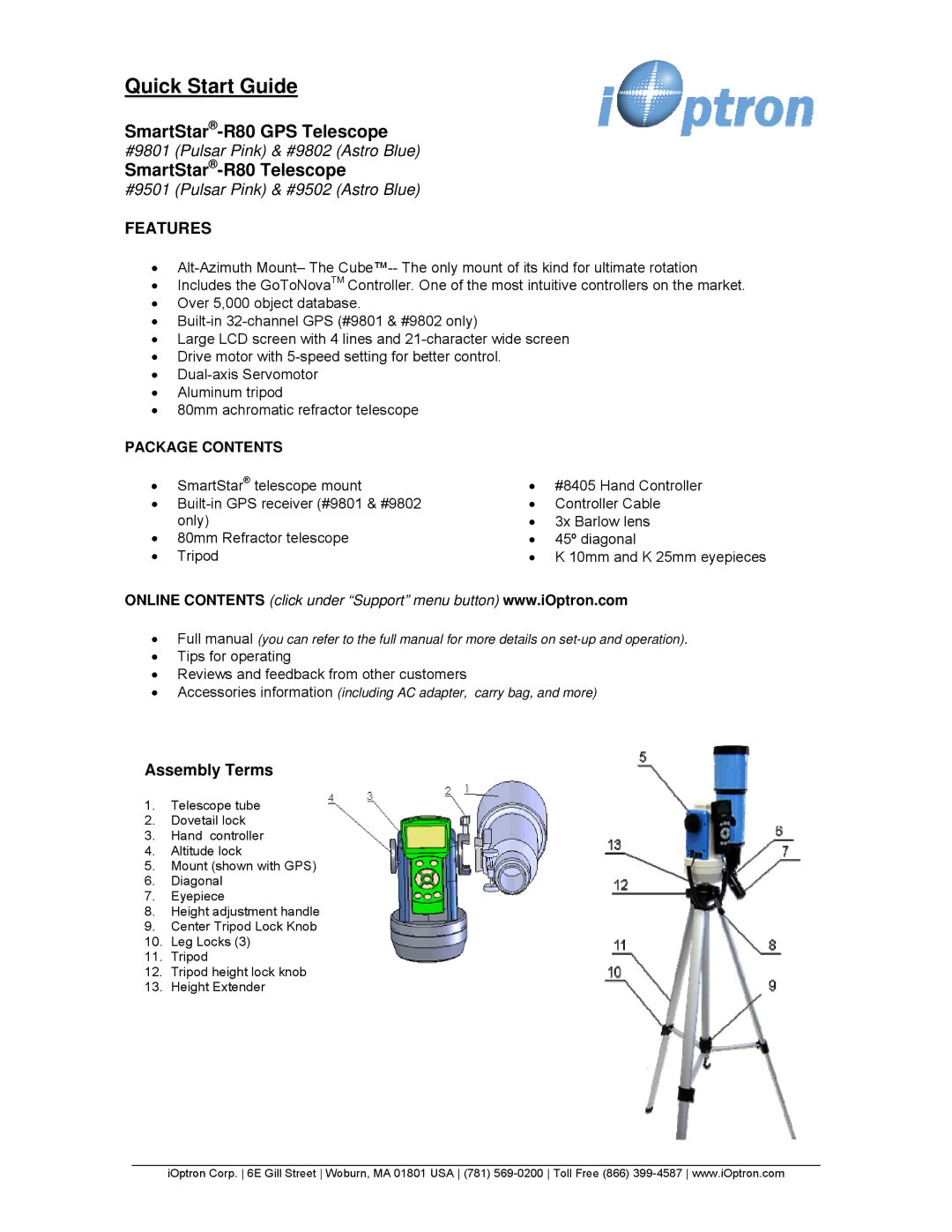iOptron 9502, 9501, R-80, R80, 9801, 9802 quick start Quick Start Guide 