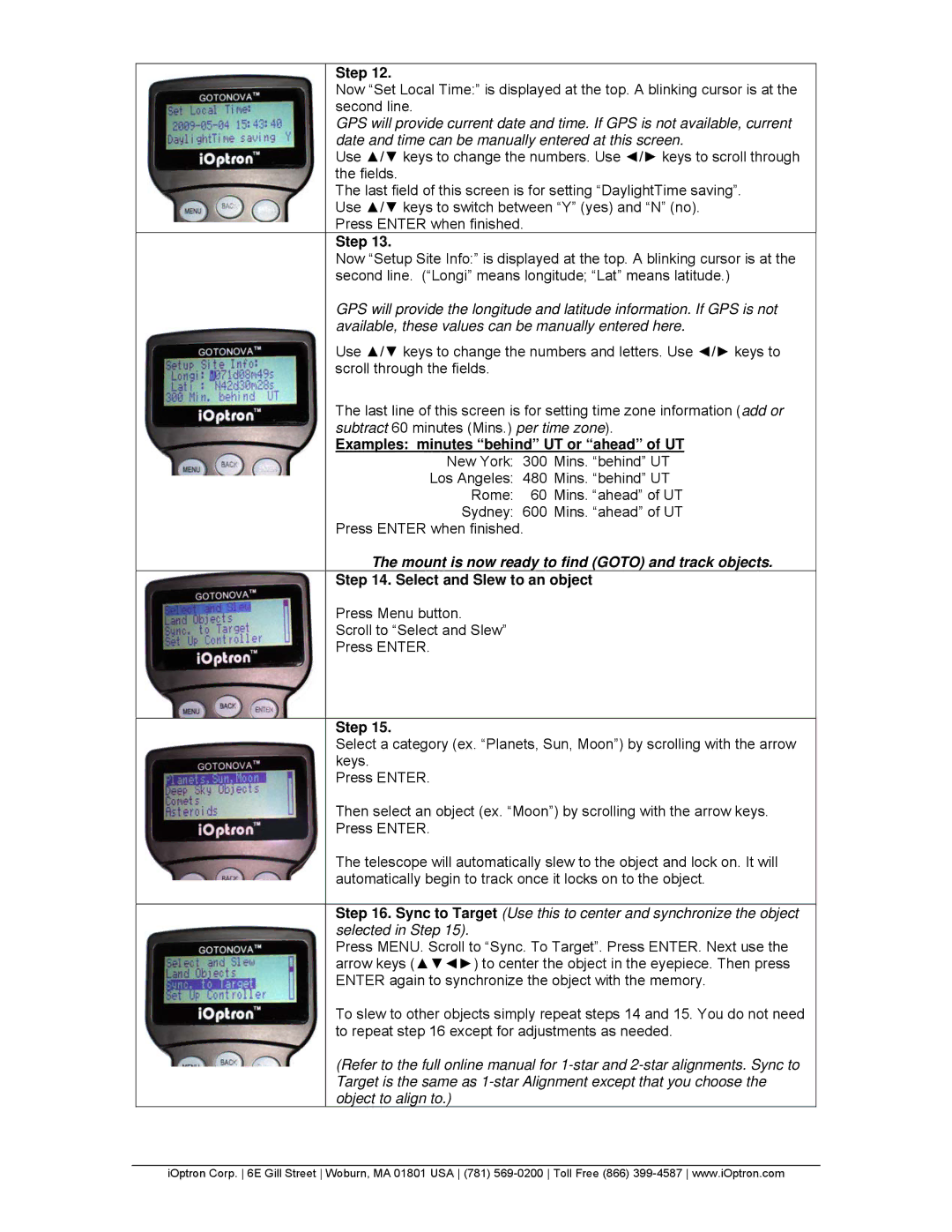 iOptron 9801, 9501, 9502, R-80, R80, 9802 quick start Examples minutes behind UT or ahead of UT, Select and Slew to an object 