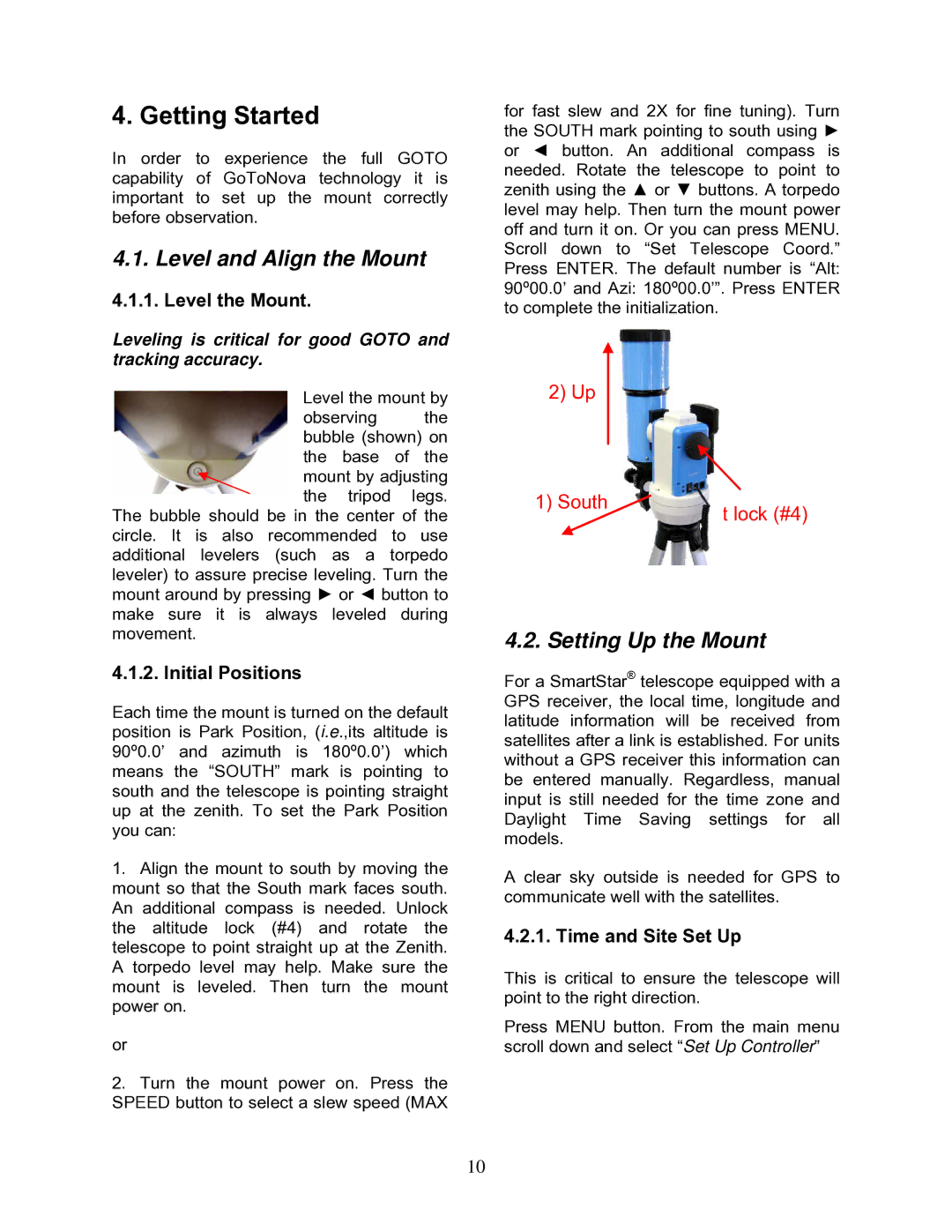 iOptron 9502-W, 9501-W, 9801-W, 9802-W instruction manual Getting Started, Level and Align the Mount, Setting Up the Mount 