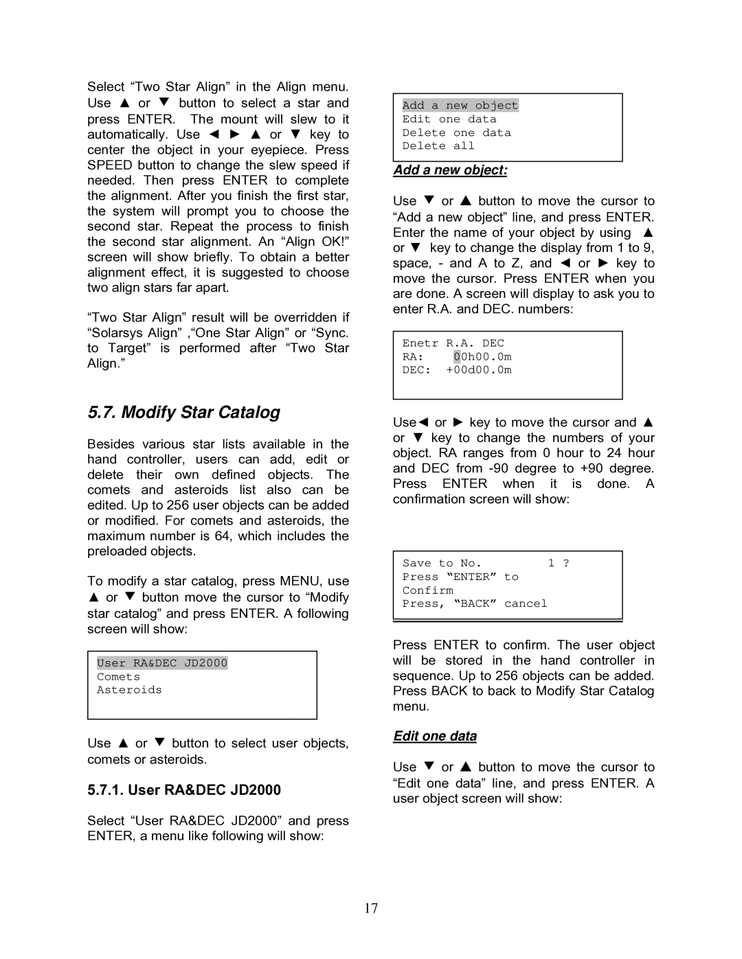 iOptron 9801-W, 9501-W, 9502-W, 9802-W Modify Star Catalog, User RA&DEC JD2000, Add a new object, Edit one data 