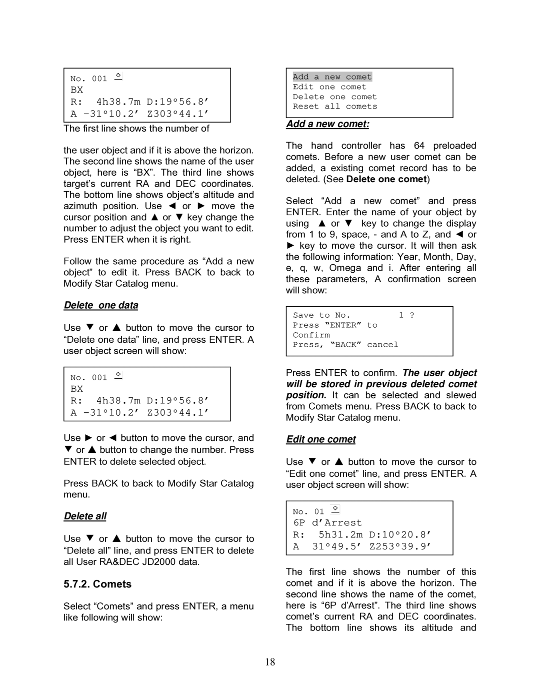 iOptron 9502-W, 9501-W, 9801-W, 9802-W instruction manual Delete one data, Delete all, Add a new comet, Edit one comet 