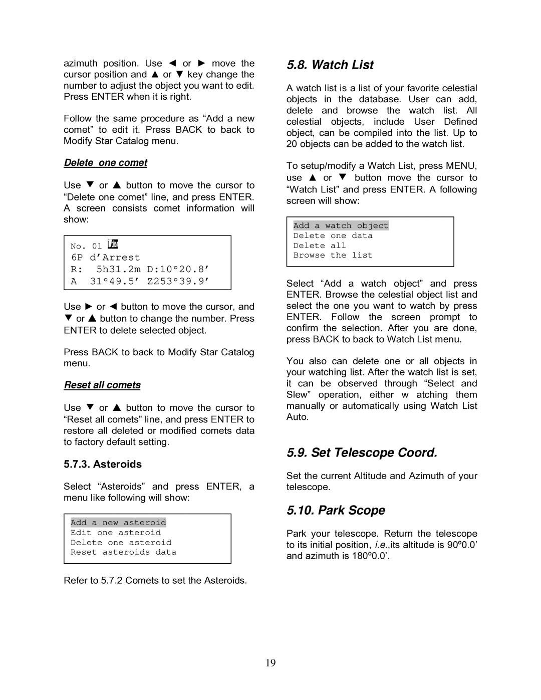 iOptron 9802-W, 9501-W, 9801-W, 9502-W Watch List, Set Telescope Coord, Park Scope, Delete one comet, Reset all comets 