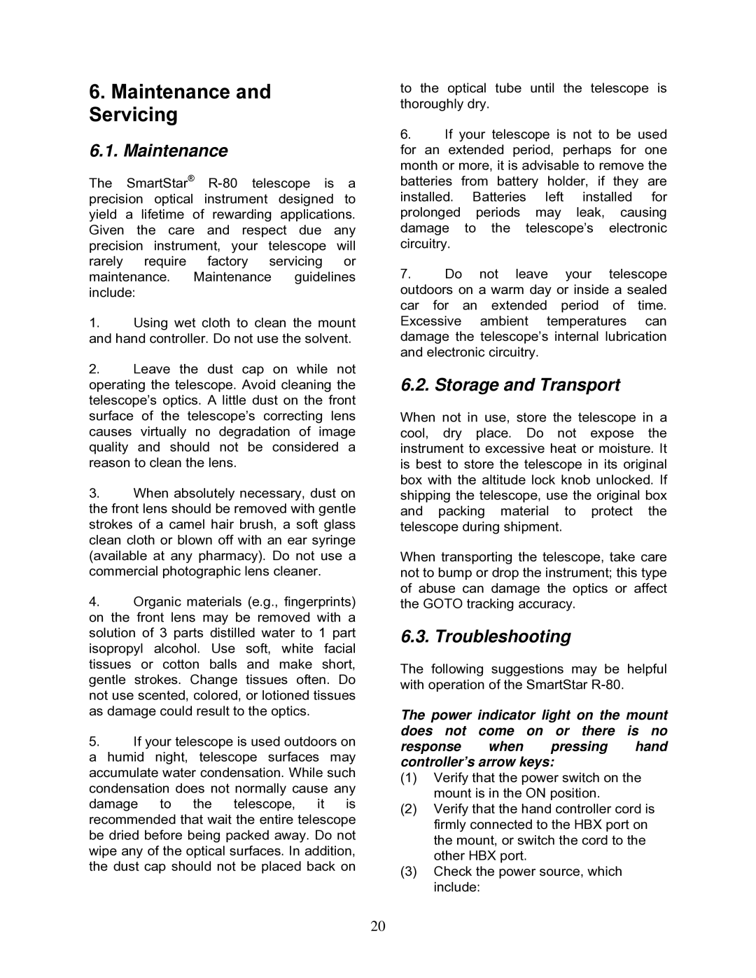 iOptron 9501-W, 9801-W, 9502-W, 9802-W instruction manual Maintenance and Servicing, Storage and Transport, Troubleshooting 