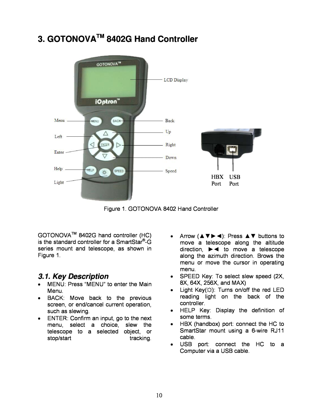 iOptron G-MC90, G-R80, G-N114 instruction manual GOTONOVATM 8402G Hand Controller, Key Description 