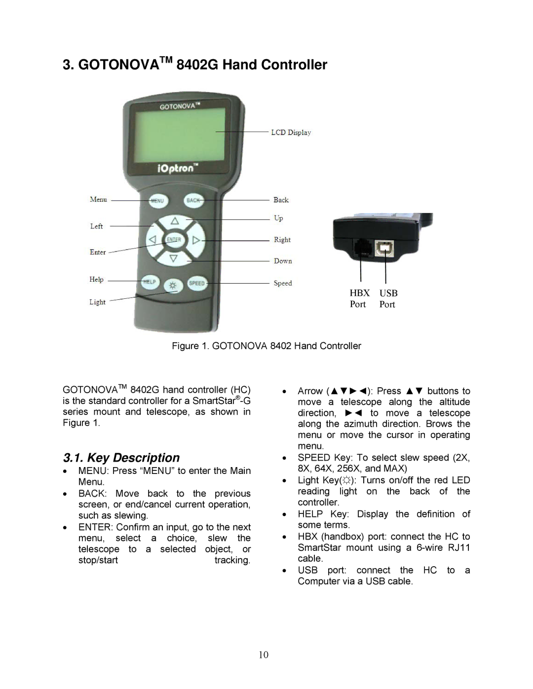 iOptron G-MC90, G-R80, G-N114 instruction manual Gotonovatm 8402G Hand Controller, Key Description 