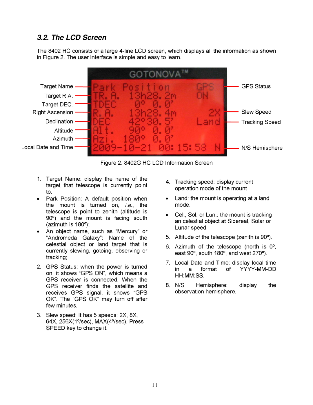 iOptron G-N114, G-R80, G-MC90 instruction manual LCD Screen, HC LCD Information Screen 