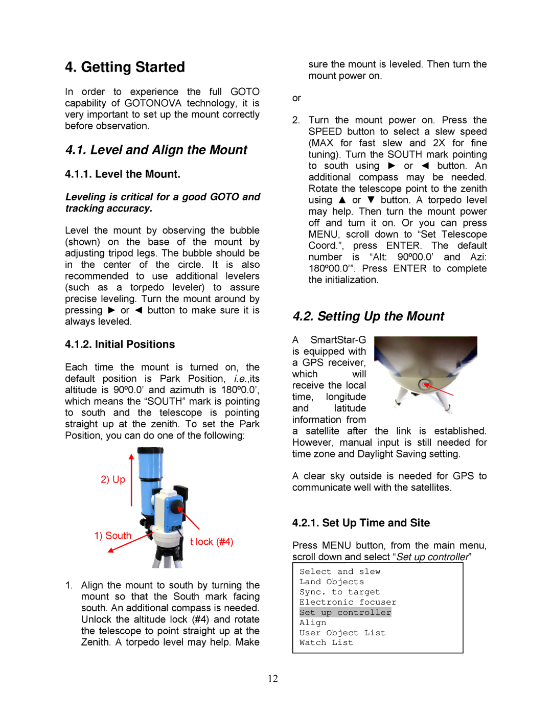 iOptron G-R80, G-MC90, G-N114 instruction manual Getting Started, Level and Align the Mount, Setting Up the Mount 