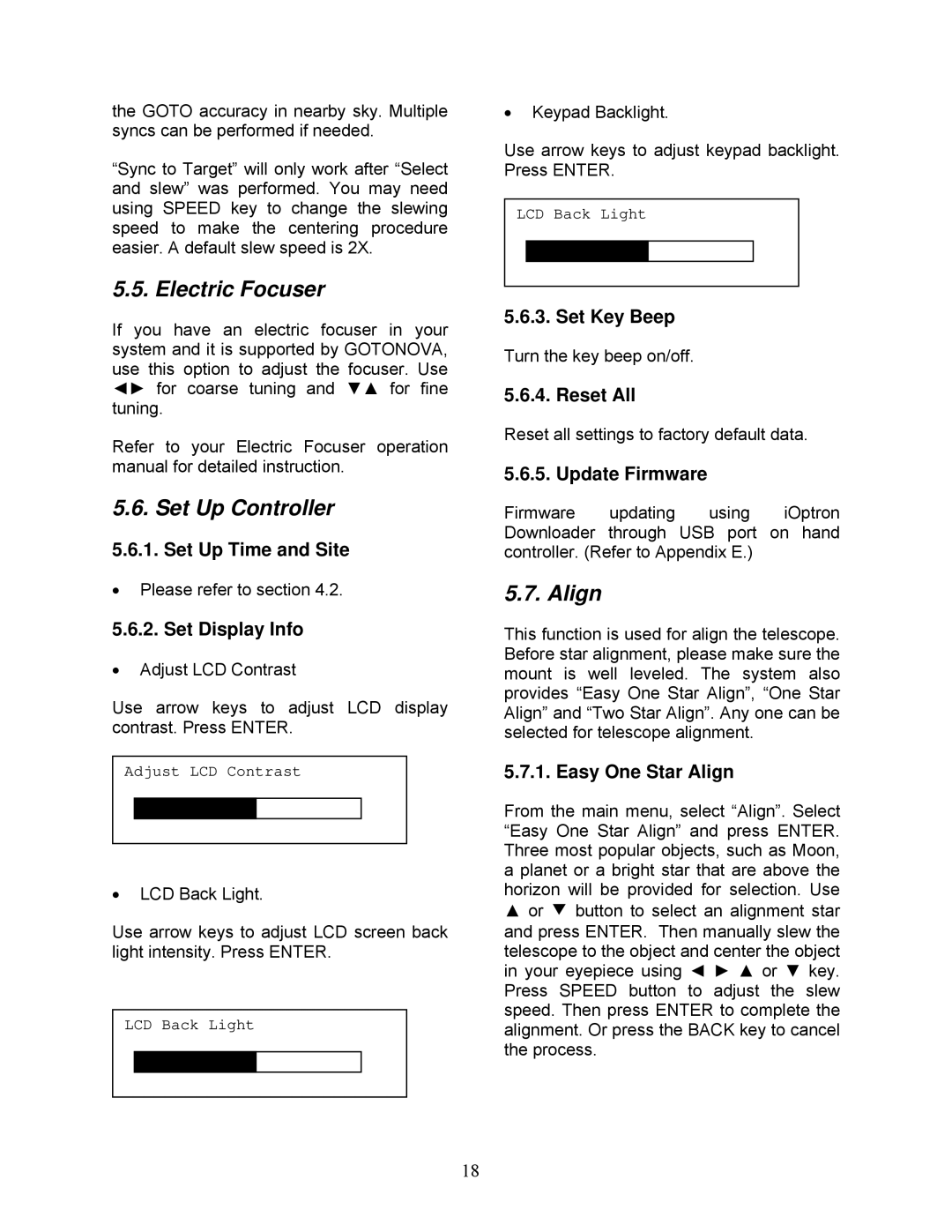 iOptron G-R80, G-MC90, G-N114 instruction manual Electric Focuser, Set Up Controller, Align 