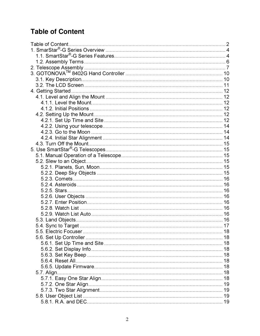 iOptron G-N114, G-R80, G-MC90 instruction manual Table of Content 