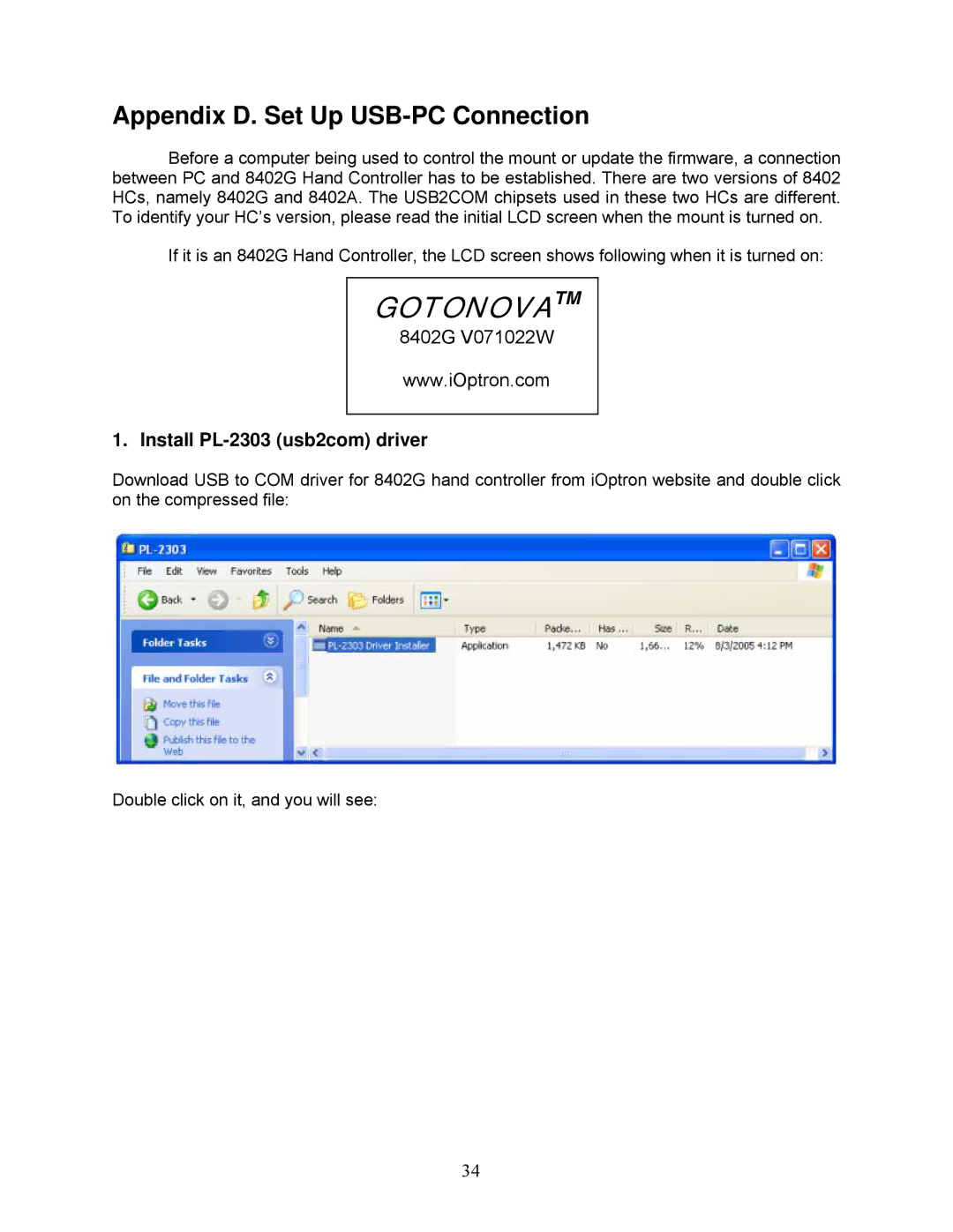 iOptron G-MC90, G-R80, G-N114 instruction manual Appendix D. Set Up USB-PC Connection, Install PL-2303 usb2com driver 