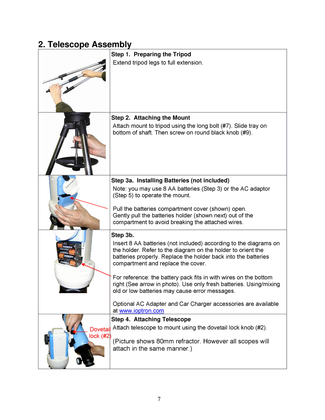 iOptron G-MC90, G-R80, G-N114 instruction manual Telescope Assembly, Attaching the Mount 