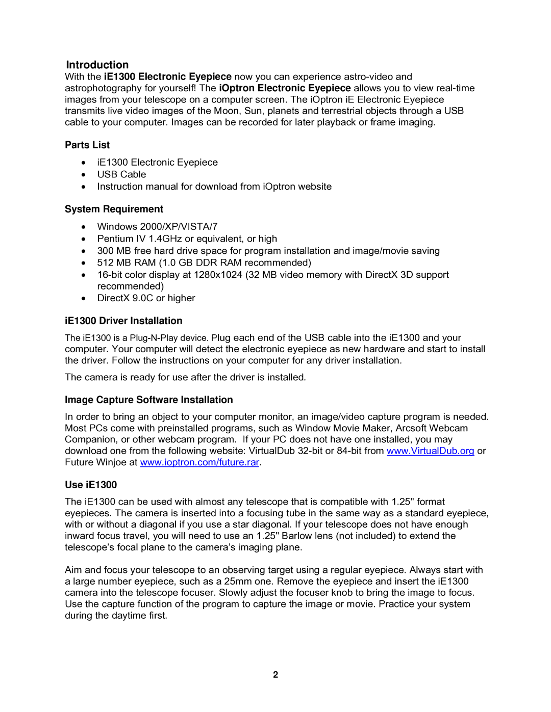 iOptron instruction manual Introduction, Parts List, System Requirement, IE1300 Driver Installation 