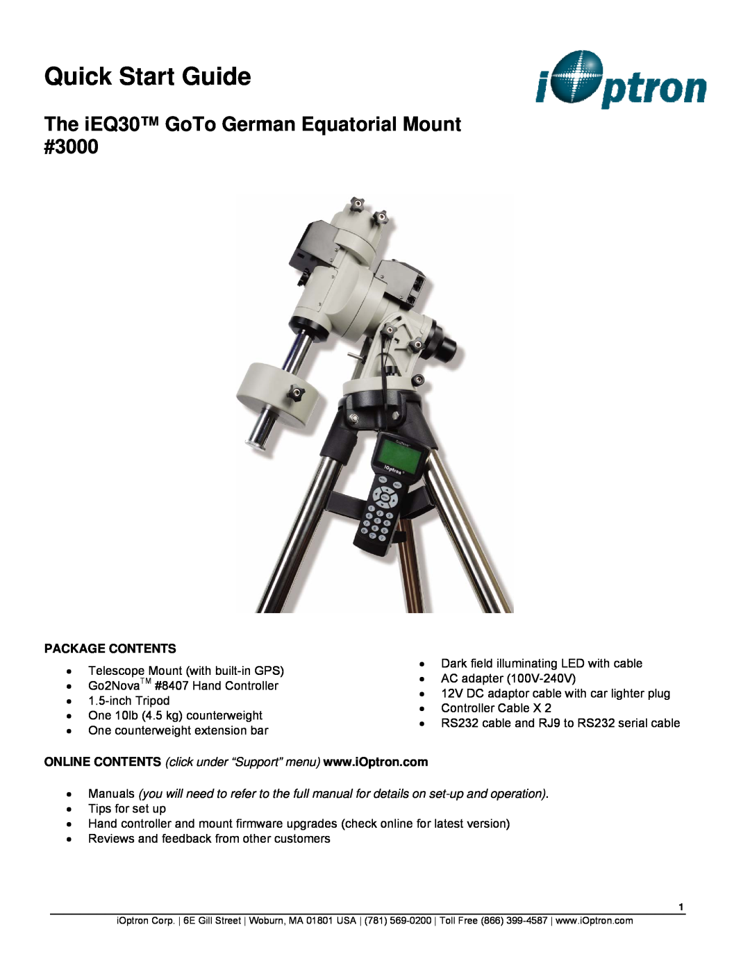 iOptron IEQ30 quick start Package Contents, Quick Start Guide, The iEQ30 GoTo German Equatorial Mount #3000 