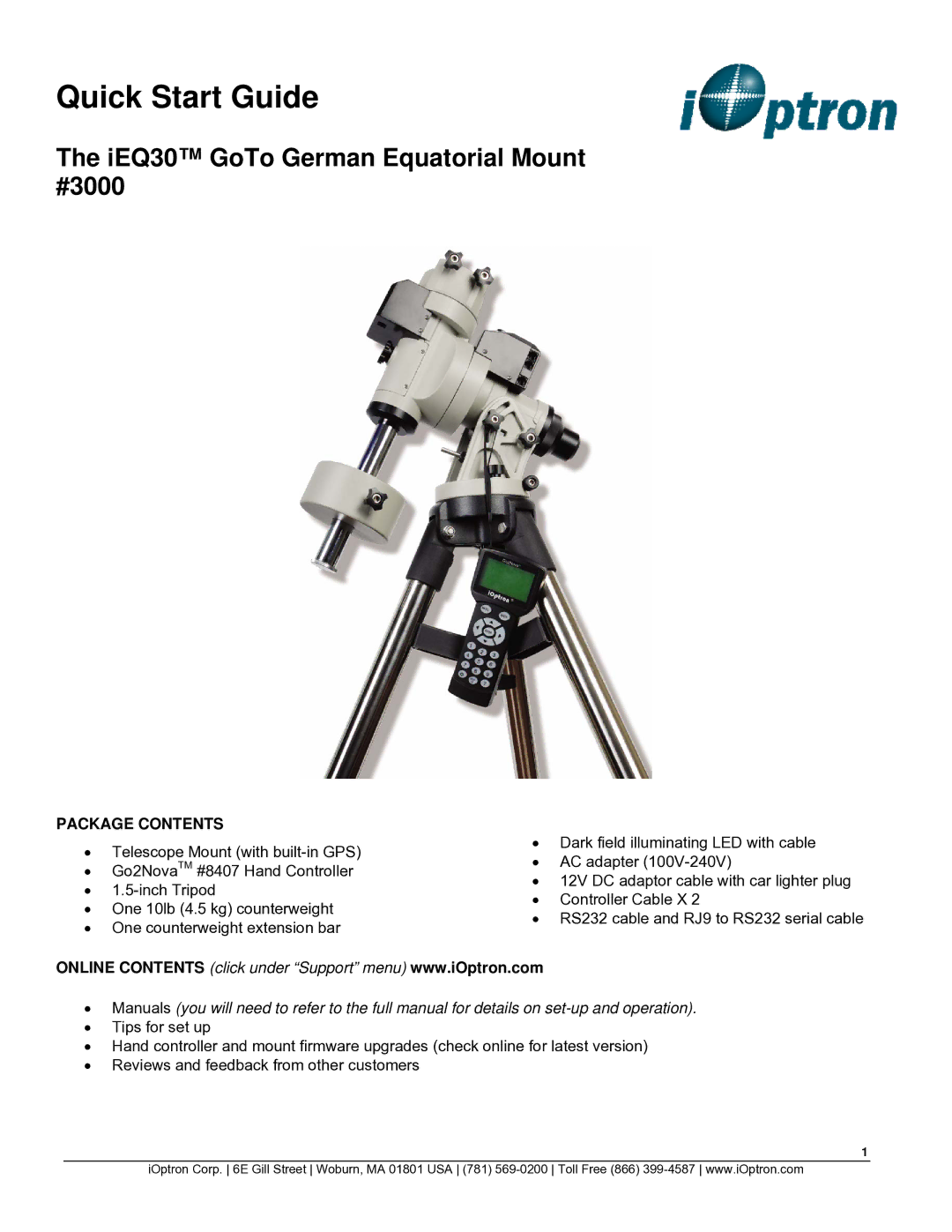 iOptron IEQ30 quick start Quick Start Guide 