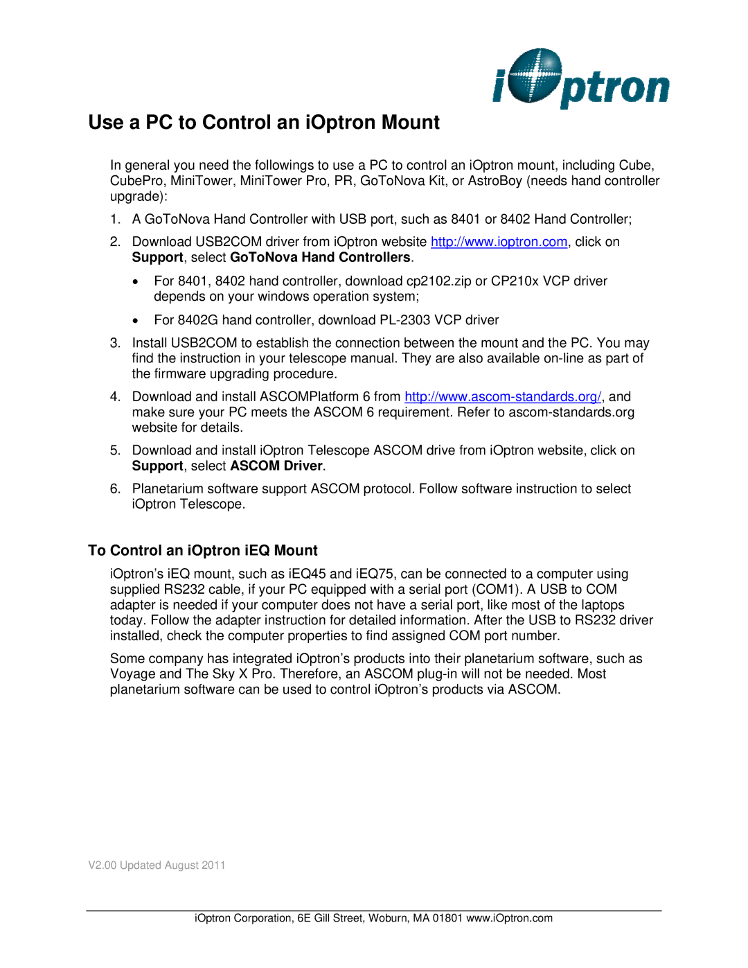 iOptron iEQ75, iEQ45, 8401 manual Use a PC to Control an iOptron Mount, To Control an iOptron iEQ Mount 