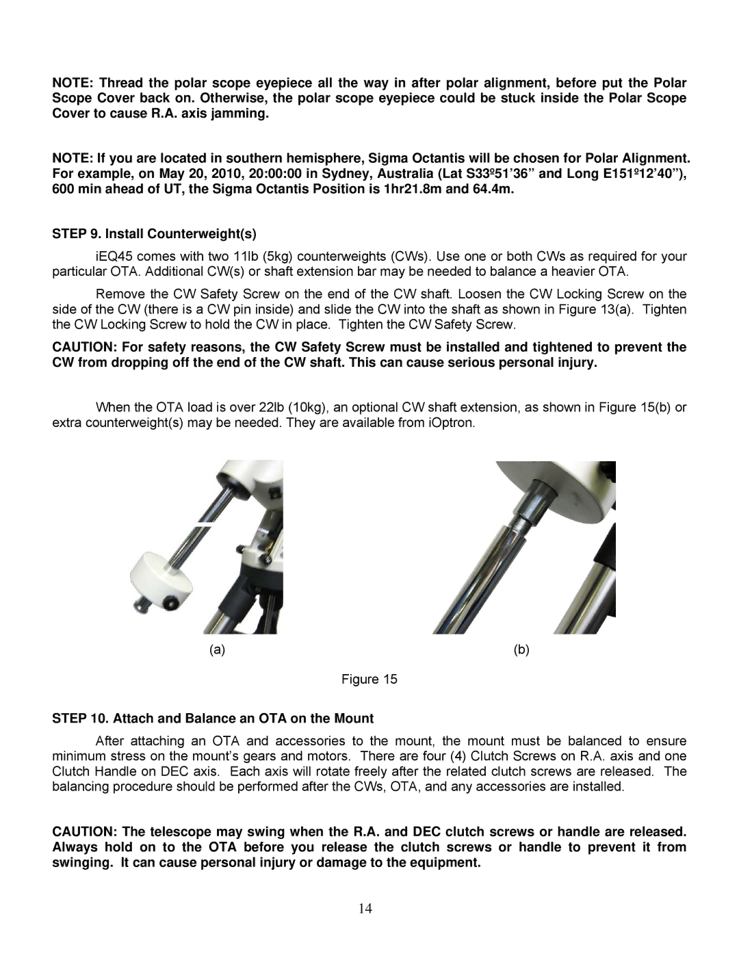 iOptron IEQ45TM instruction manual Install Counterweights 